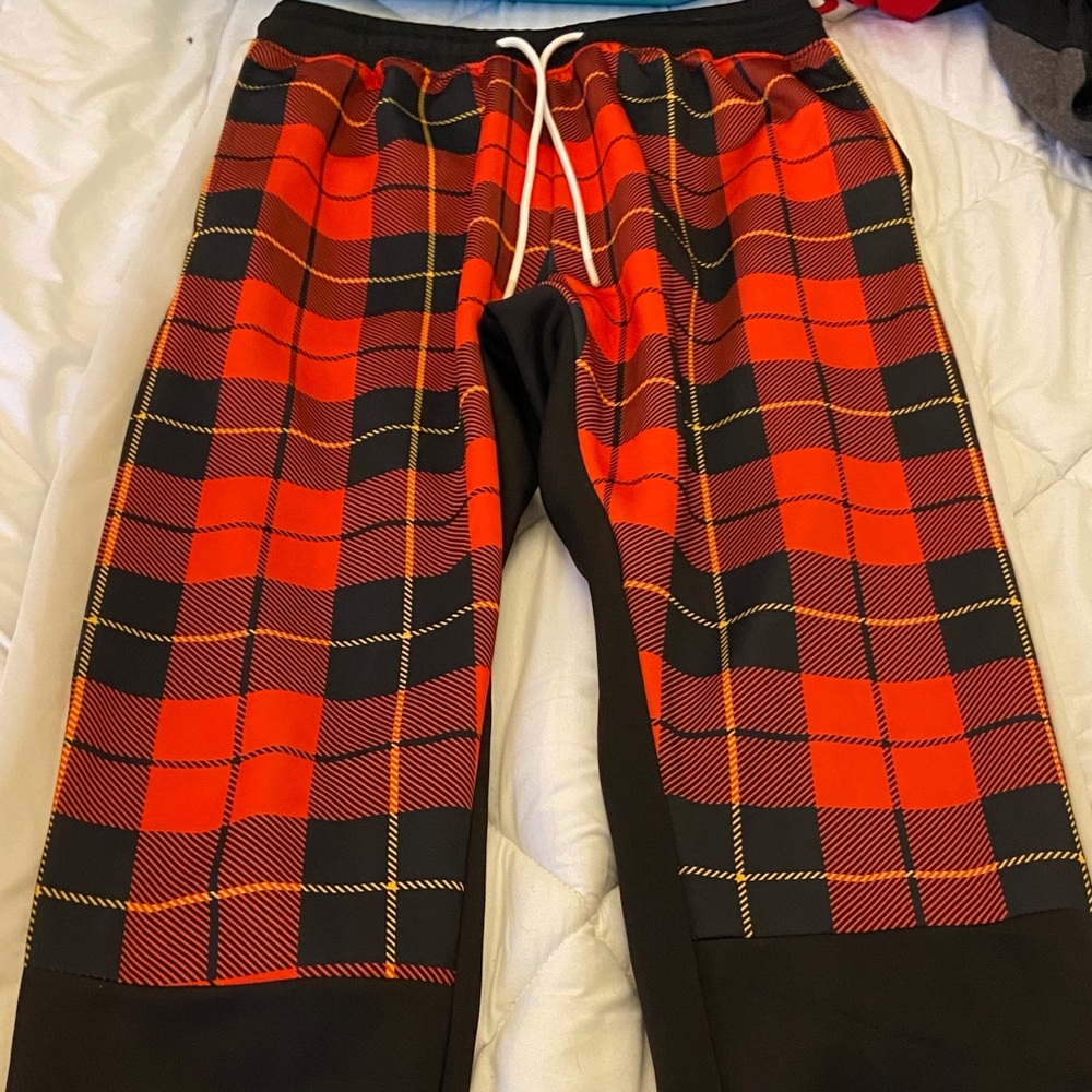 Red plaid sweat pants , size L, worn once